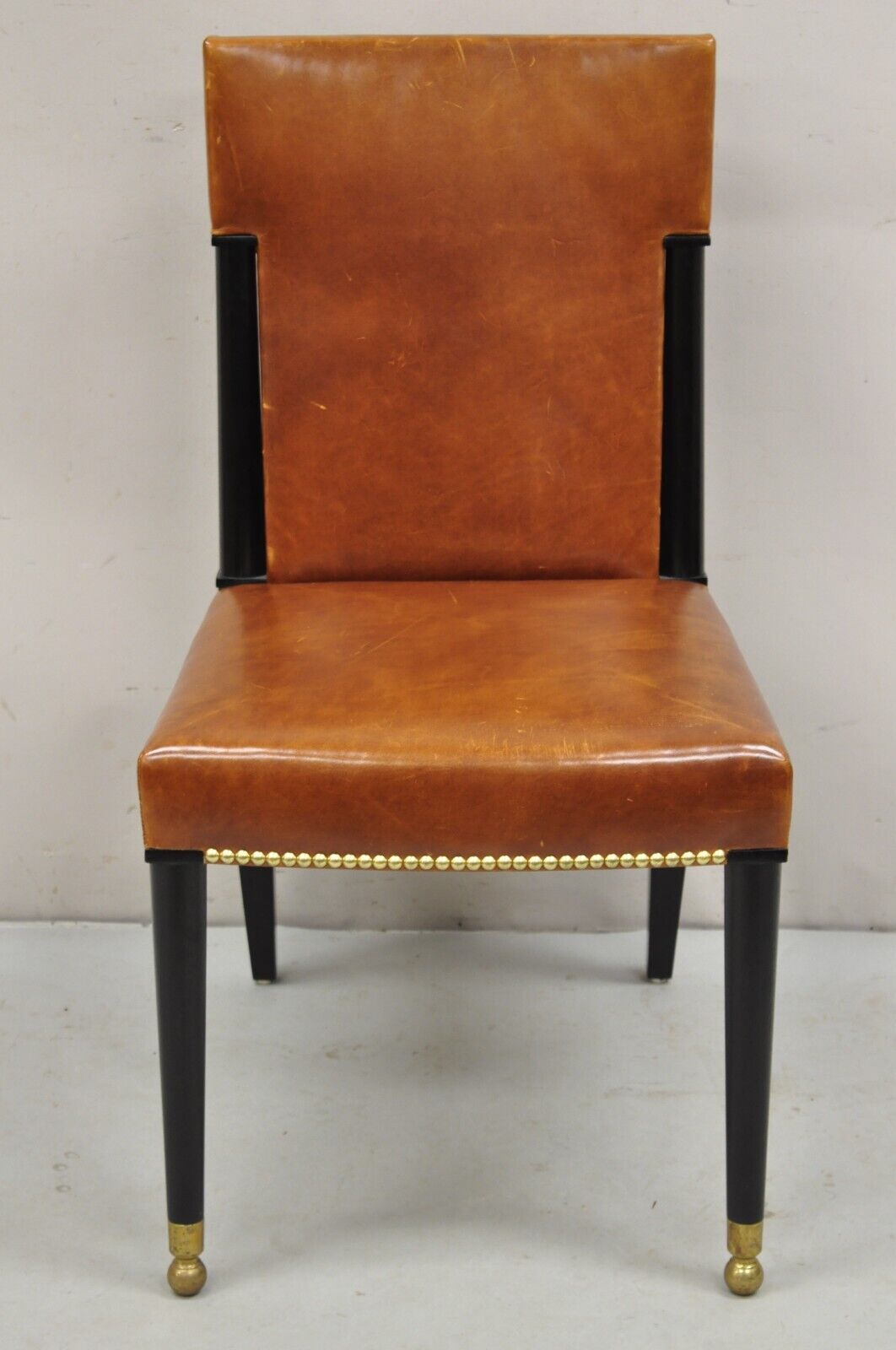 French Art Deco Style Brown Leather Ebonized Frame Dining Chairs - Set of 8