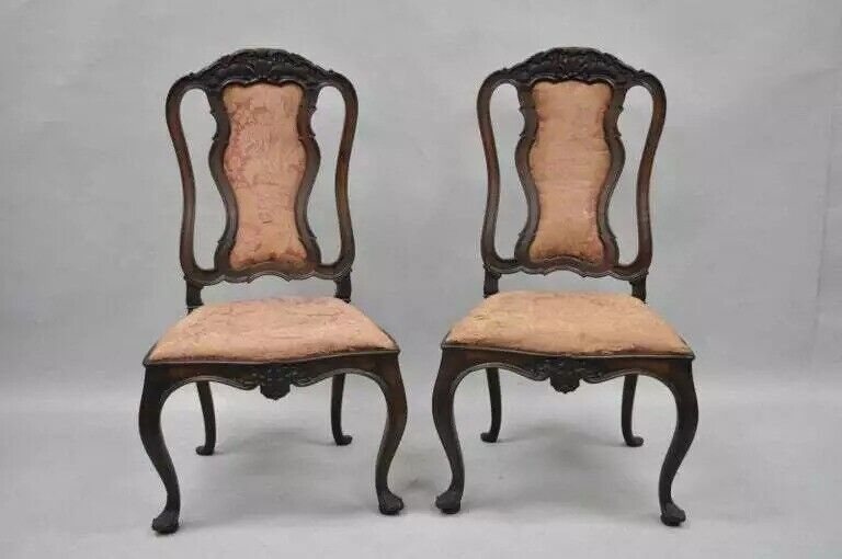 Antique Italian Baroque Style Carved Walnut Dining Side Chairs - Set of 6