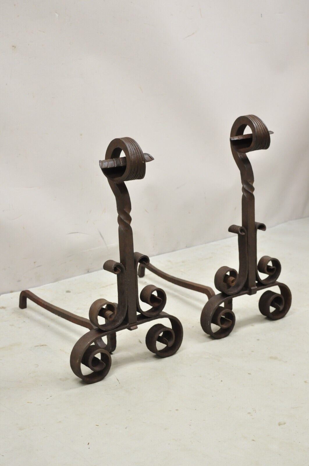 Antique Gothic Renaissance Scrolling Cast Iron Fireplace Andirons - a Pair