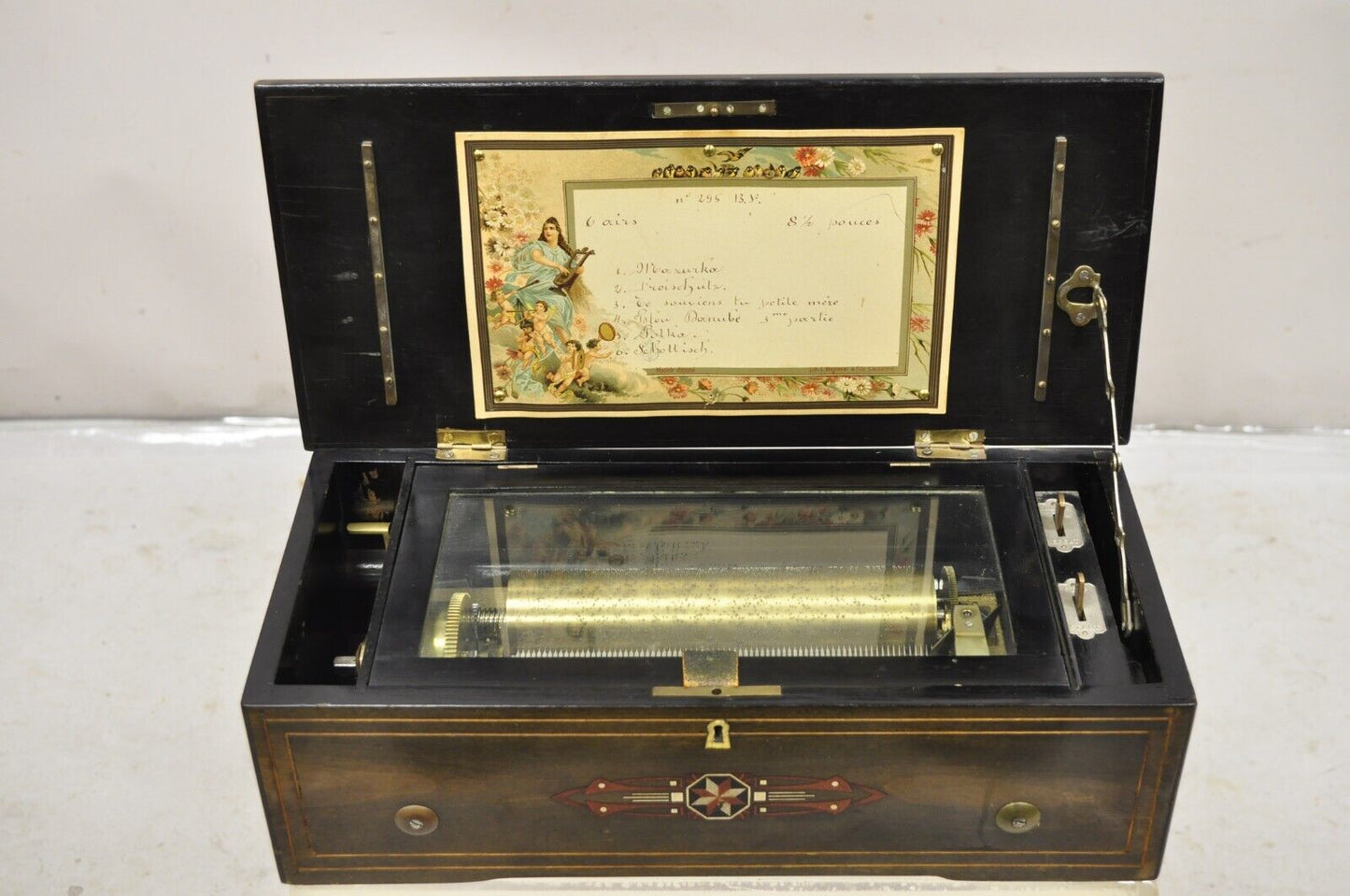 19th C. Antique Swiss Cylinder Roll Music Box 6 Tune Airs with Inlaid Case