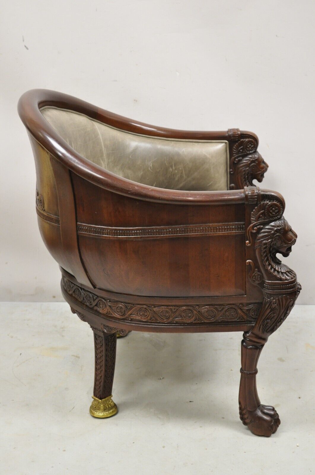Baker Stately Homes Grey Leather Lions Head Pull Up Tub Chair Club Chair