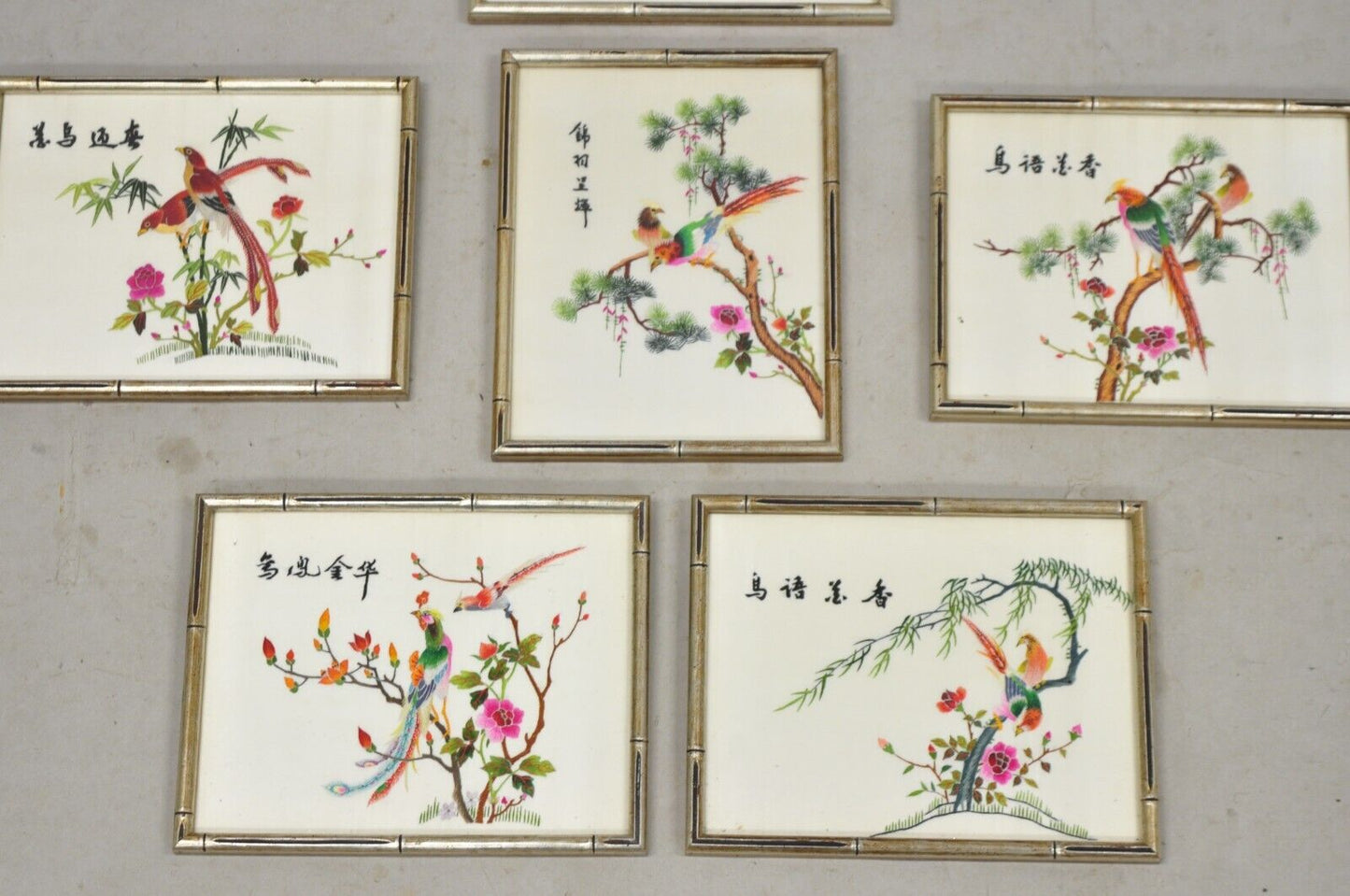 Vintage Chinoiserie Silk Needlepoint Chinese Japanese Asian Wall Art - Set of 6