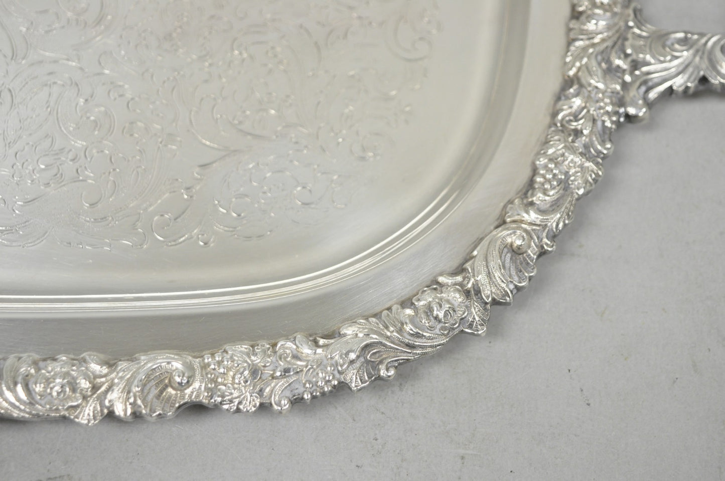 Vintage Gorham YC1466 Silver Plated Floral Repousse Bar Serving Tray w Handles