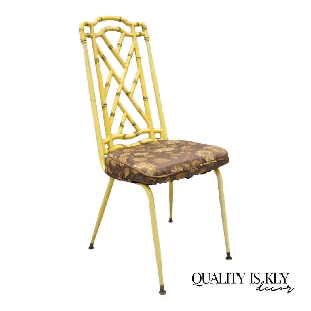 Hollywood Regency Chinese Chippendale Yellow Metal Faux Bamboo Dining Side Chair