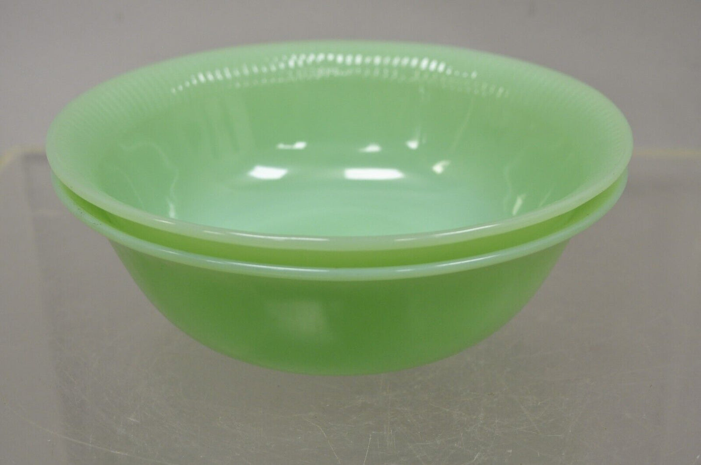 Vtg Fire King Oven Ware Green Jadeite Ribbed Jane Ray 8.25" Serving Bowl - 2 Pcs