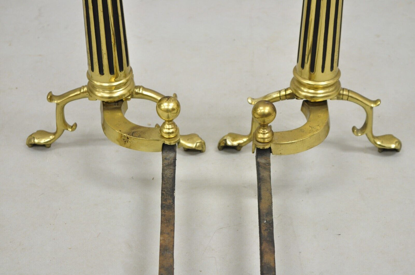 Vintage French Empire Style Brass Cannonball Column Form Branch Foot Andirons