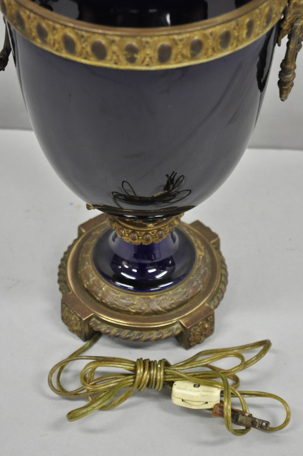 Antique French Empire Cobalt Blue Porcelain Figural Gilt Bronze Urn Table Lamp