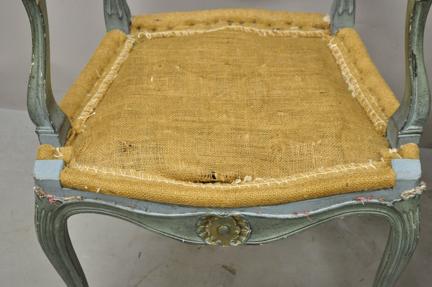 Pair Vintage French Louis XV Style Blue Painted Cane Back Fauteuil Arm Chairs