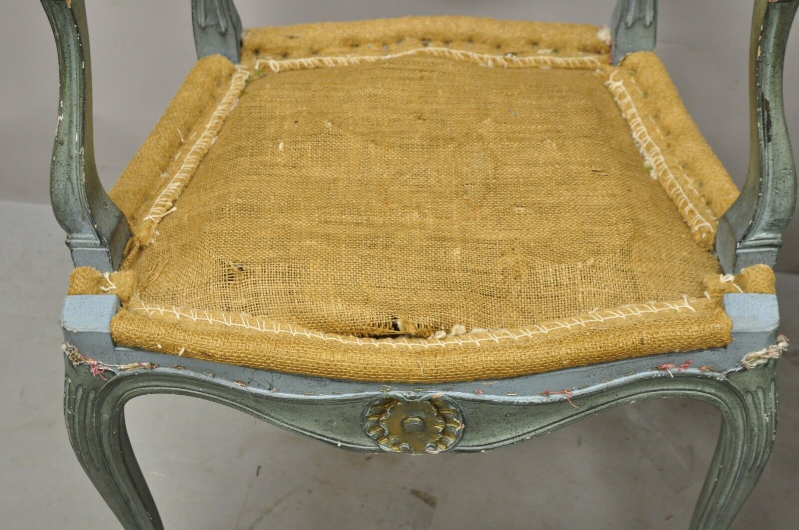 Pair Vintage French Louis XV  Style Blue Painted Cane Back Fauteuil Arm Chairs