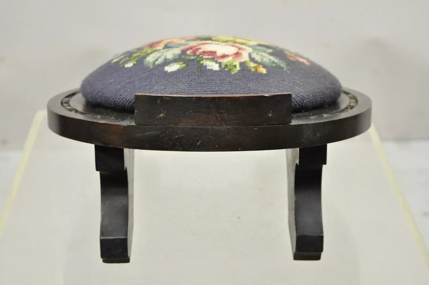 Antique Victorian Mahogany Horseshoe Needlepoint Gout Stool Footstool Ottoman