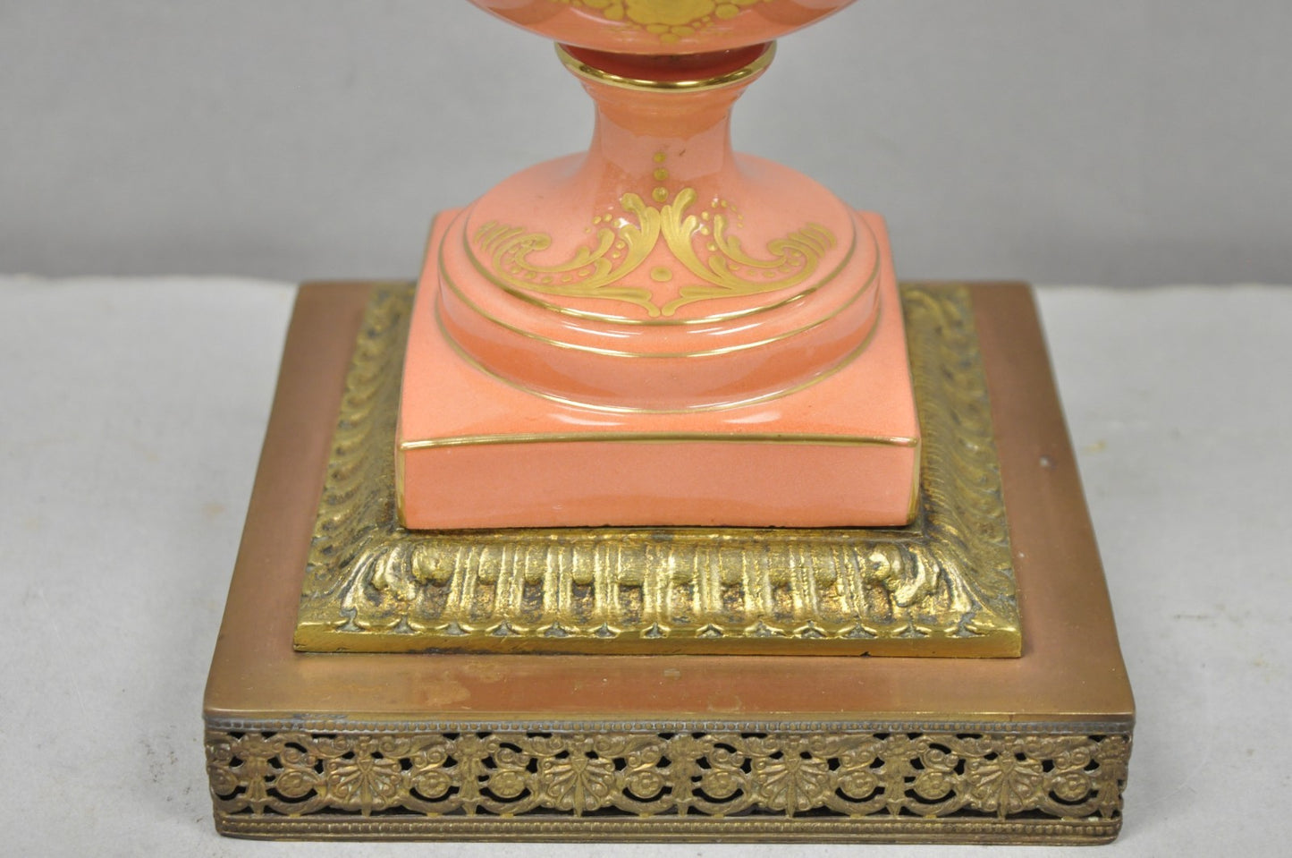 Antique French Victorian Salmon Coral Pink Porcelain Hand Painted Urn Table Lamp