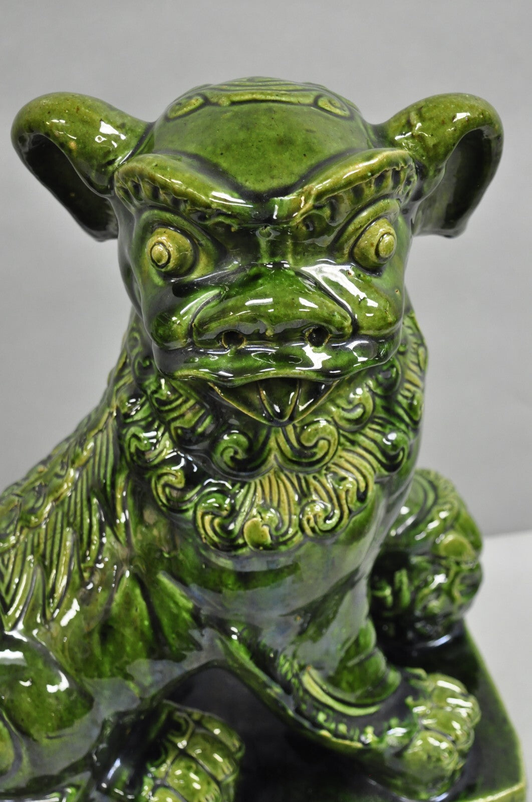 Vintage Chinoiserie Green Majolica Glazed Ceramic 22" Chinese Foo Dog Statue