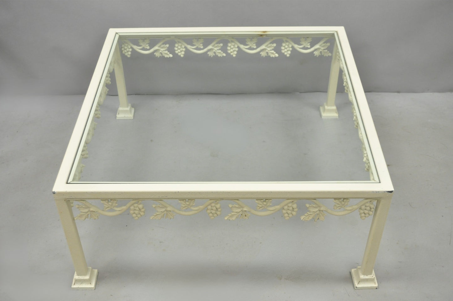 Vintage Woodard Style White Wrought Iron "Grapevine" Square Glass Coffee Table