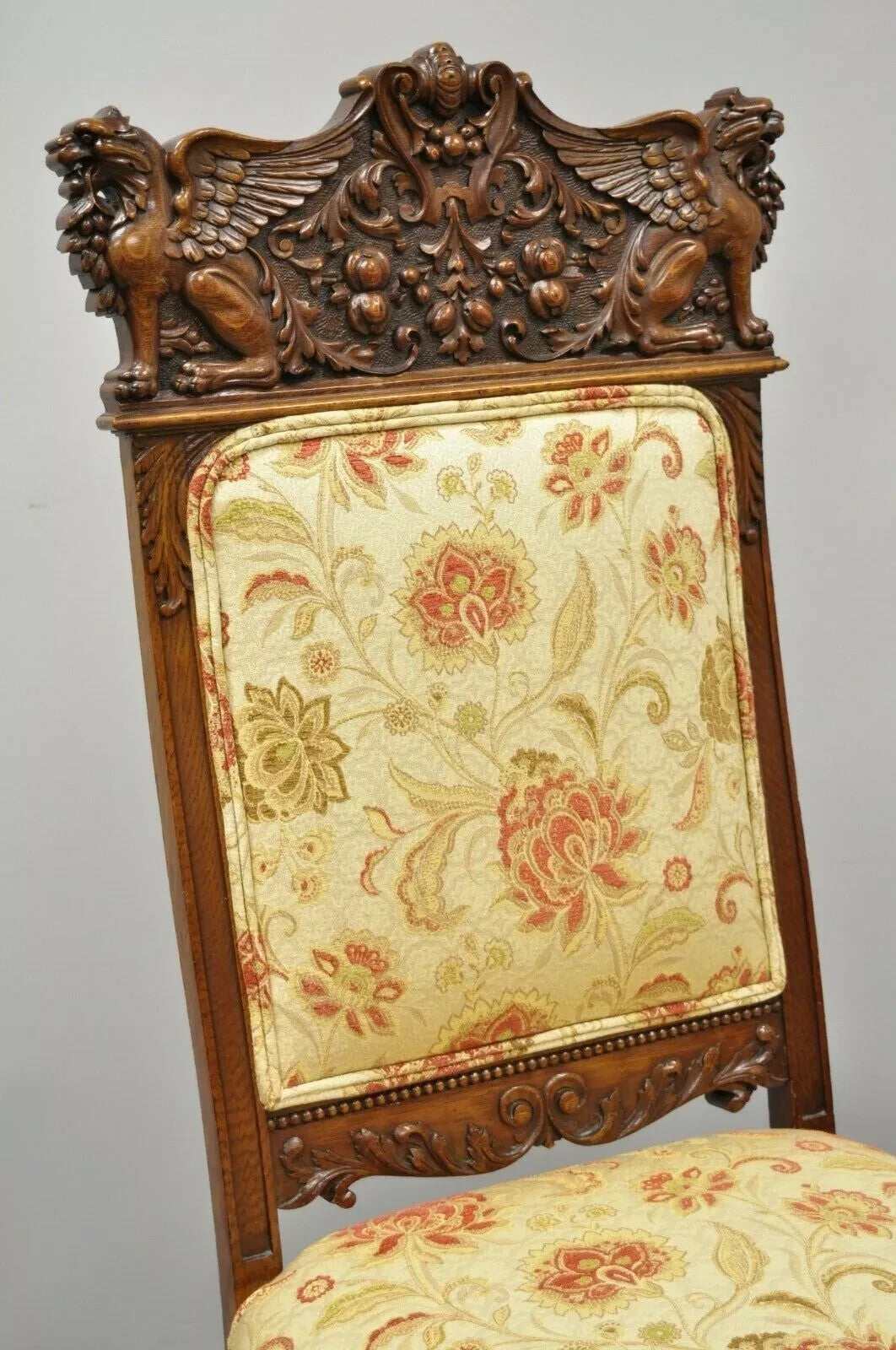 Antique Renaissance Oak Winged Griffin Paw Foot Dining Chair Attr RJ Horner Pair