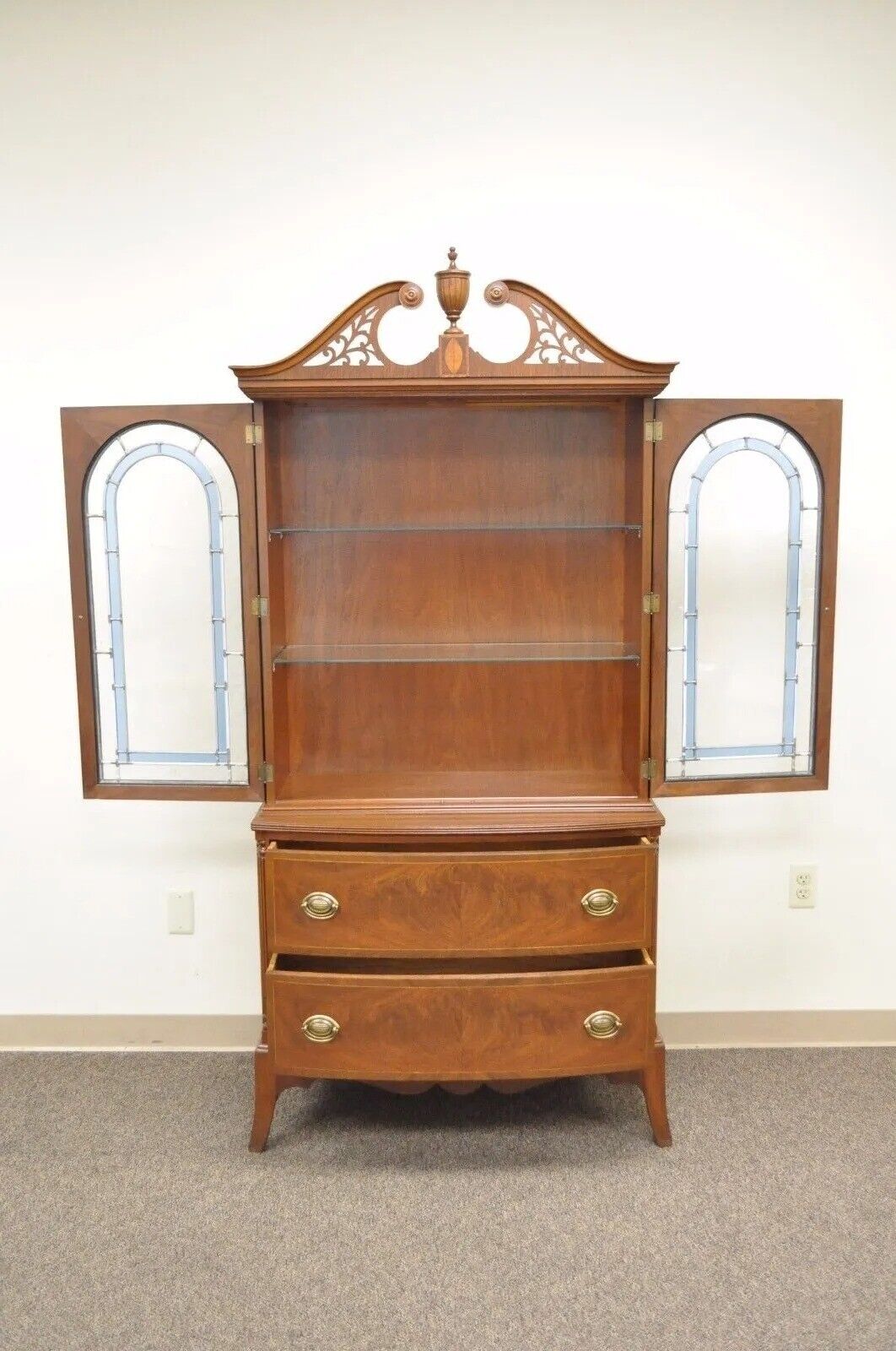 Antique Federal Style Mahogany China Display Cabinet with Stained Glass Doors