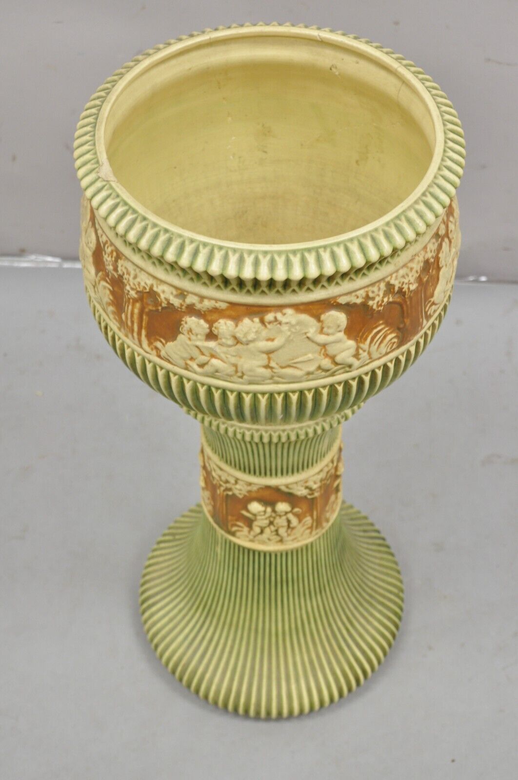 Antique Roseville Donatello Cherubs Art Pottery Jardiniere & Pedestal Flower Pot