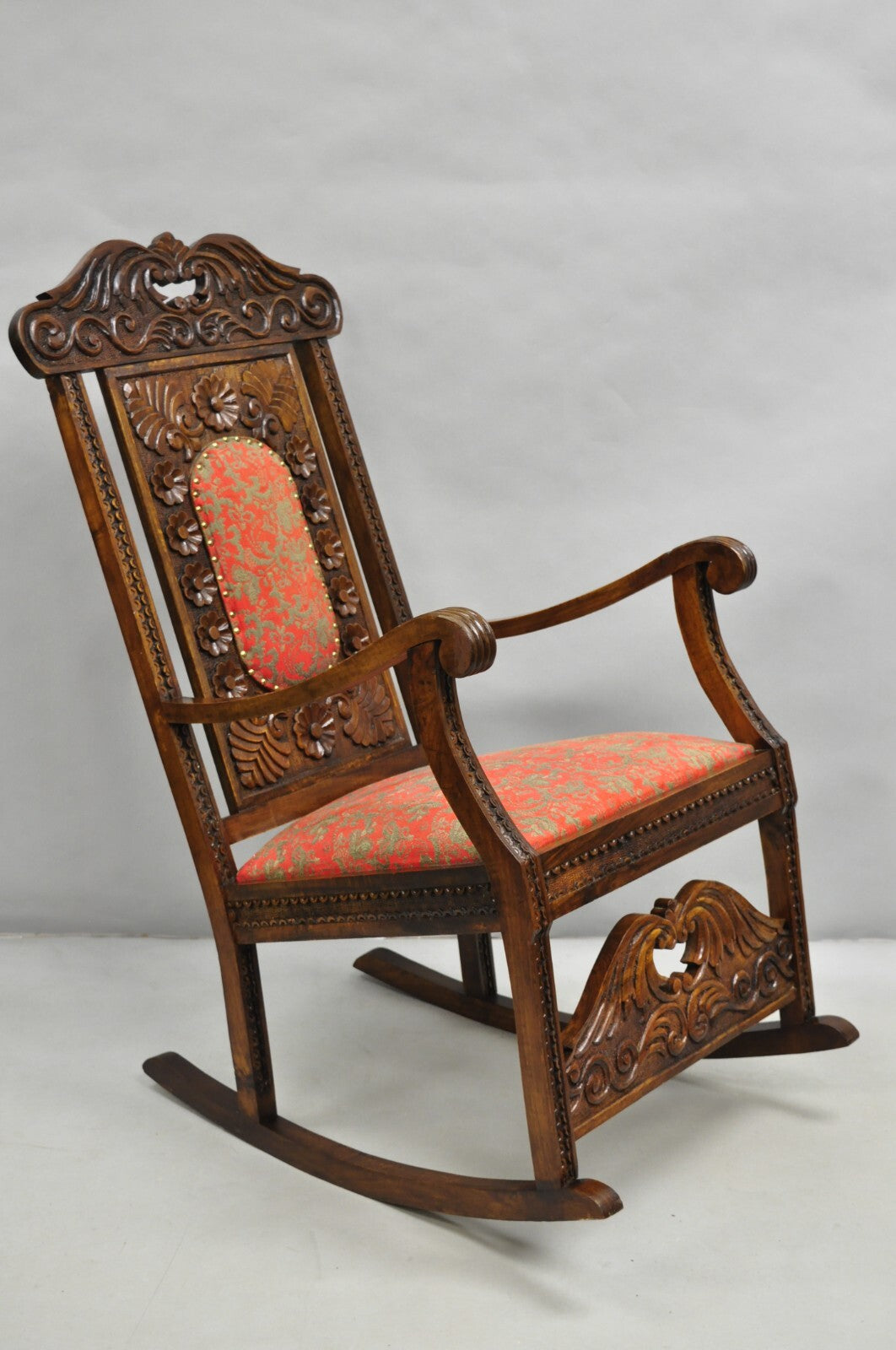 Vintage Anglo Indian Renaissance Style Carved Wood Rocker Rocking Chair