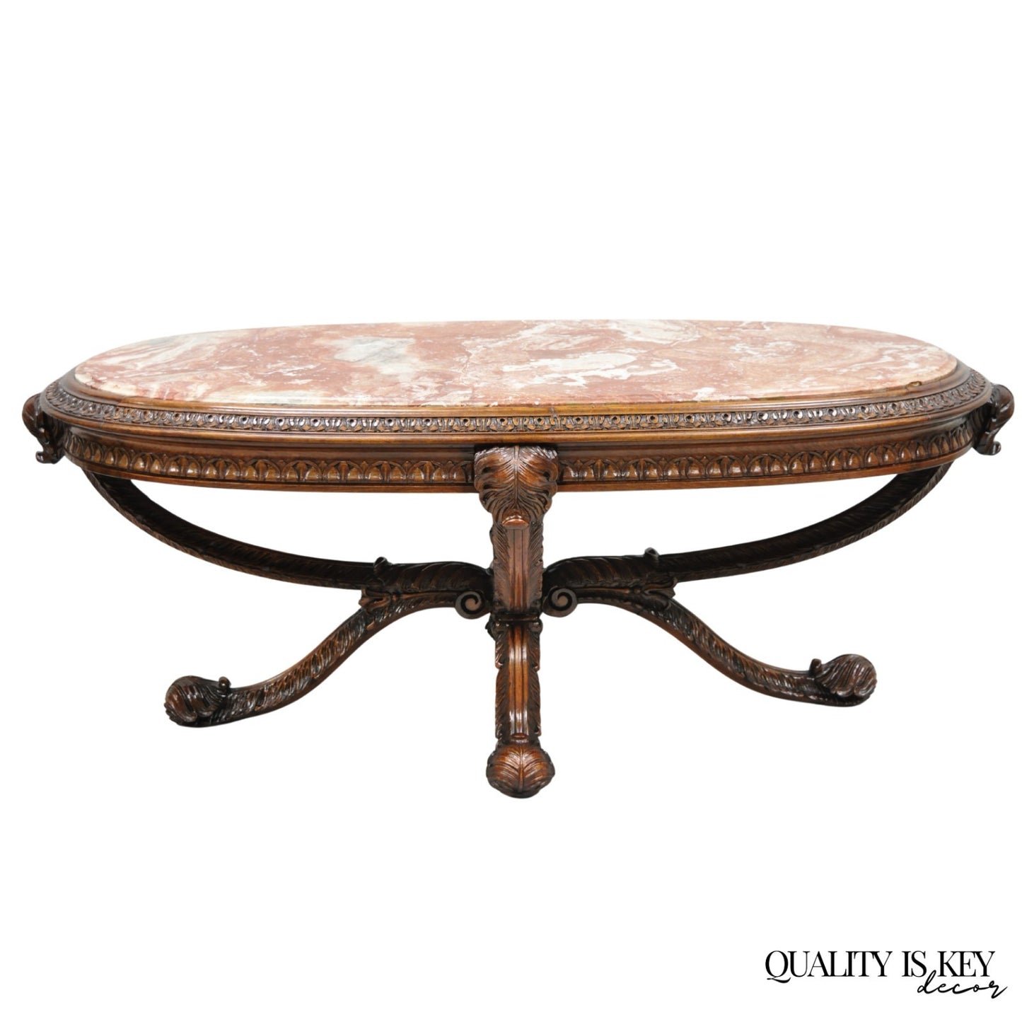 Antique Grosfeld House French Regency Plume Carved Mahogany Marble Coffee Table
