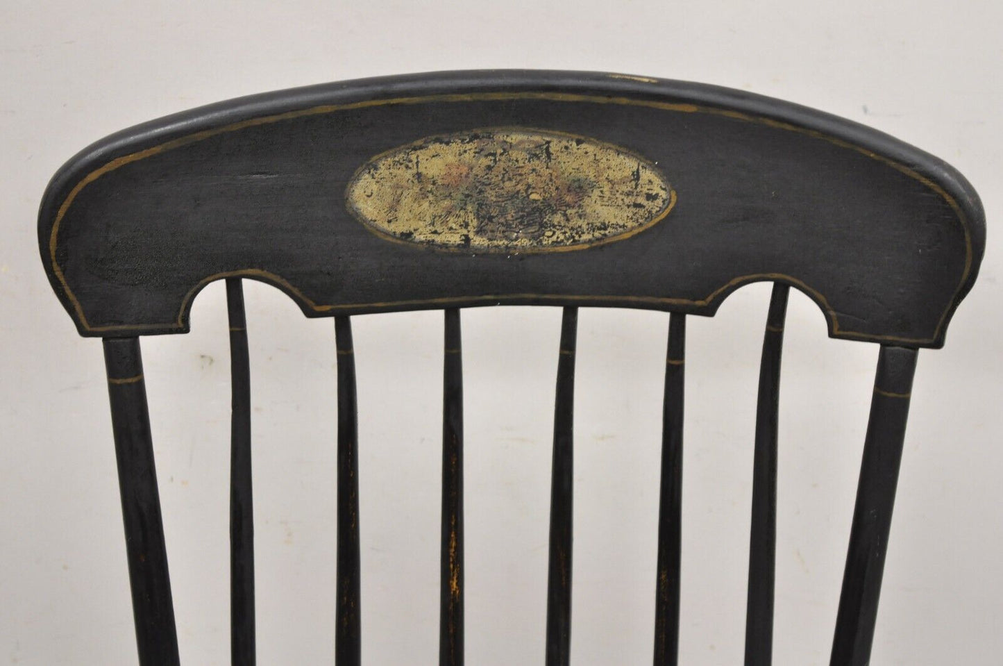 Antique Colonial Stencil Back Black Painted Plank Bottom Rocker Rocking Chair