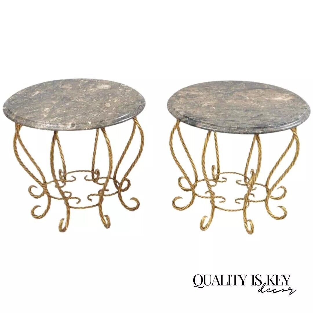 Italian Hollywood Regency Gold Gilt Iron Rope Round Marble Top Low Tables - Pair
