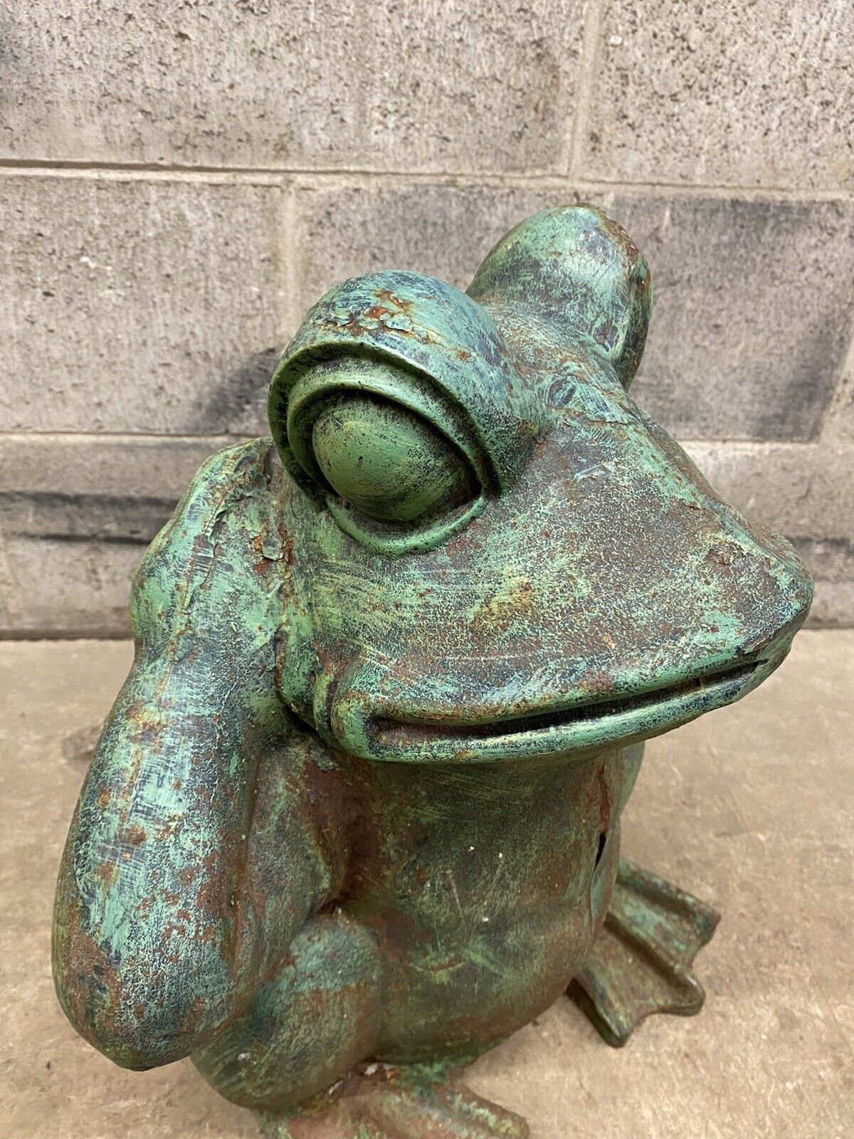Vintage Hollywood Regency Green Cast Iron Garden Frog Statue "Hear no Evil"