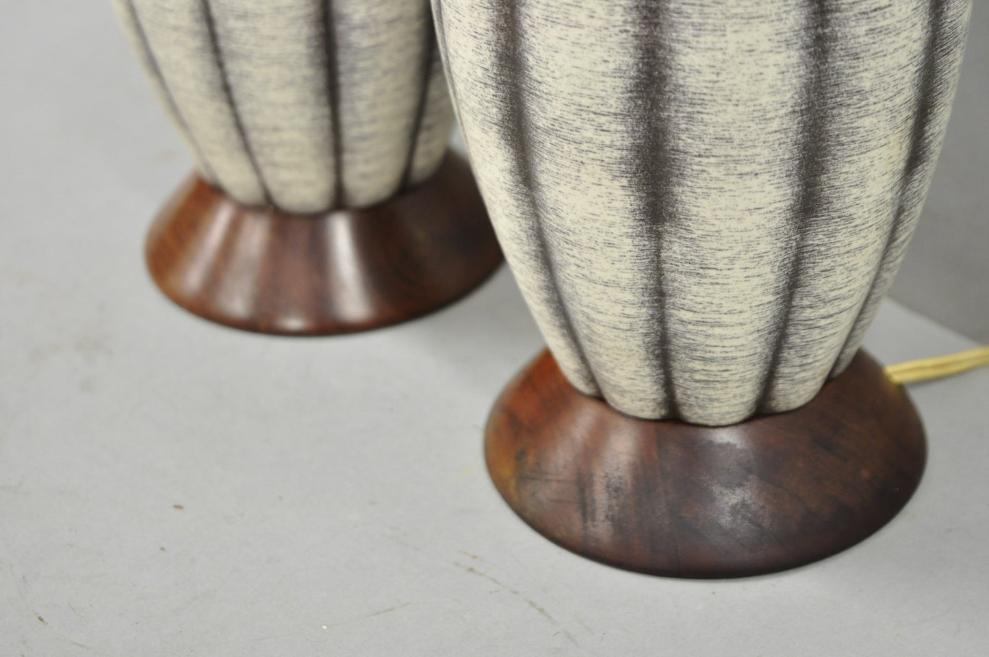 Vintage Mid Century Modern Walnut & Ceramic Small Sculptural Table Lamps - Pair