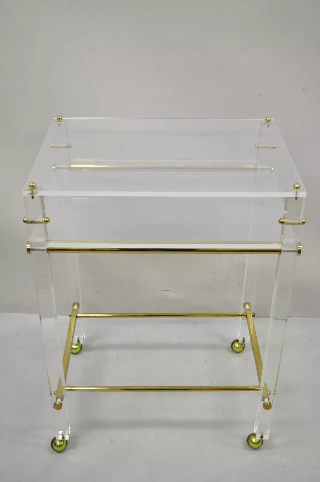 Vintage Mid Century Modern Lucite & Brass Rolling Bar Cart Tall Side Table