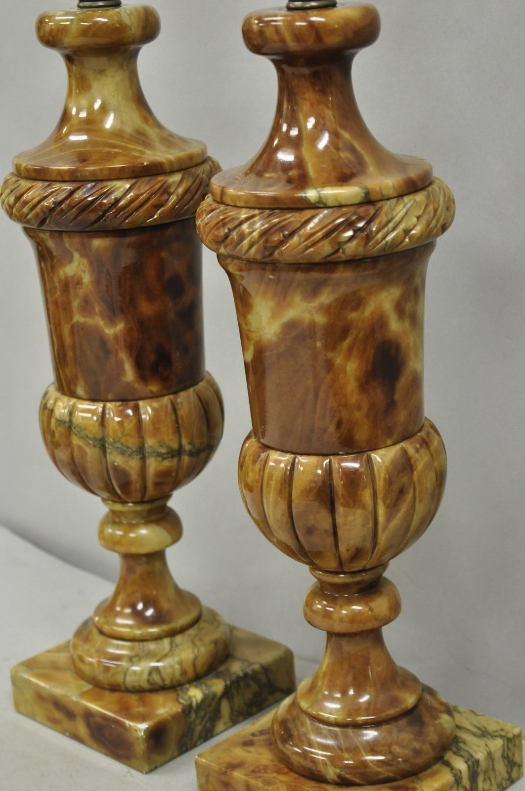Vintage French Empire Style Polished Brown Marble Urn Form Table Lamps - a Pair