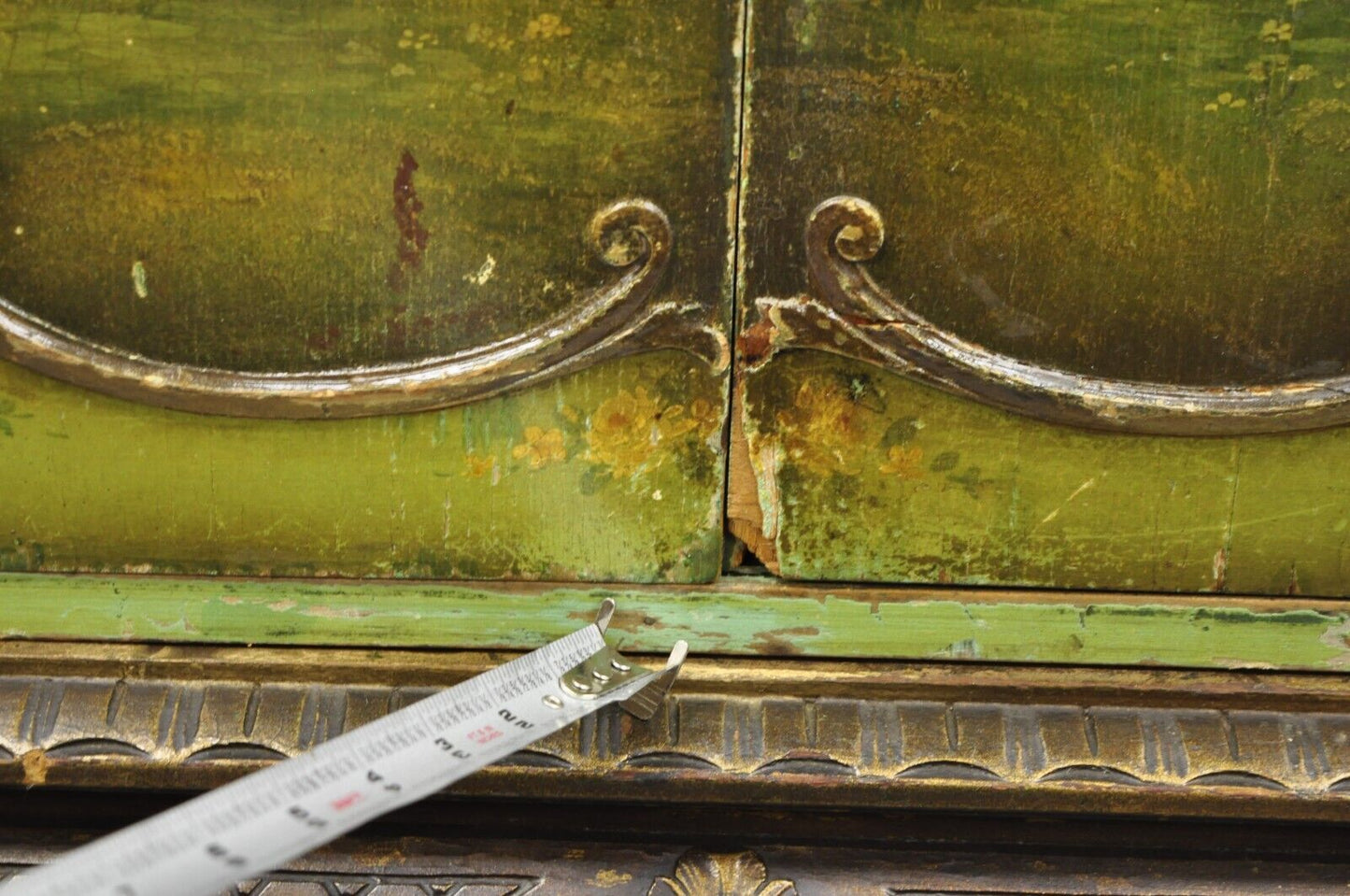 Antique French Renaissance Green Distress Painted Radio Cabinet Bar Cupboard