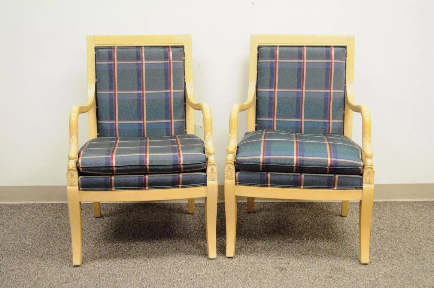Ethan Allen Italian Regency Carved Dolphin Fireside Lounge Arm Chairs - a Pair