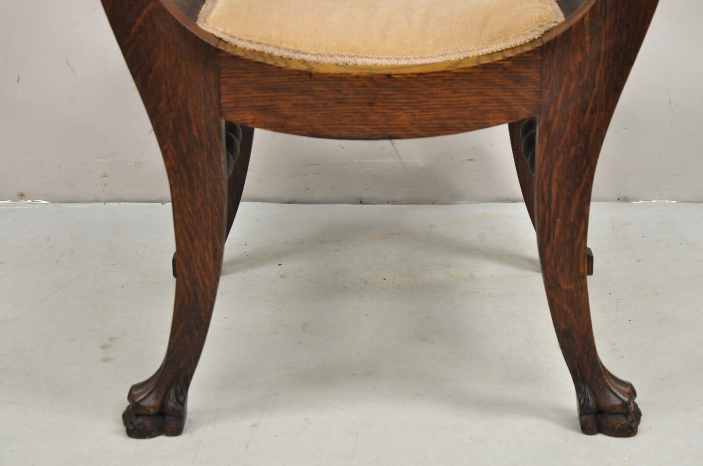 Antique Carved Oak Renaissance Revival Paw Foot Curule Throne Arm Chair