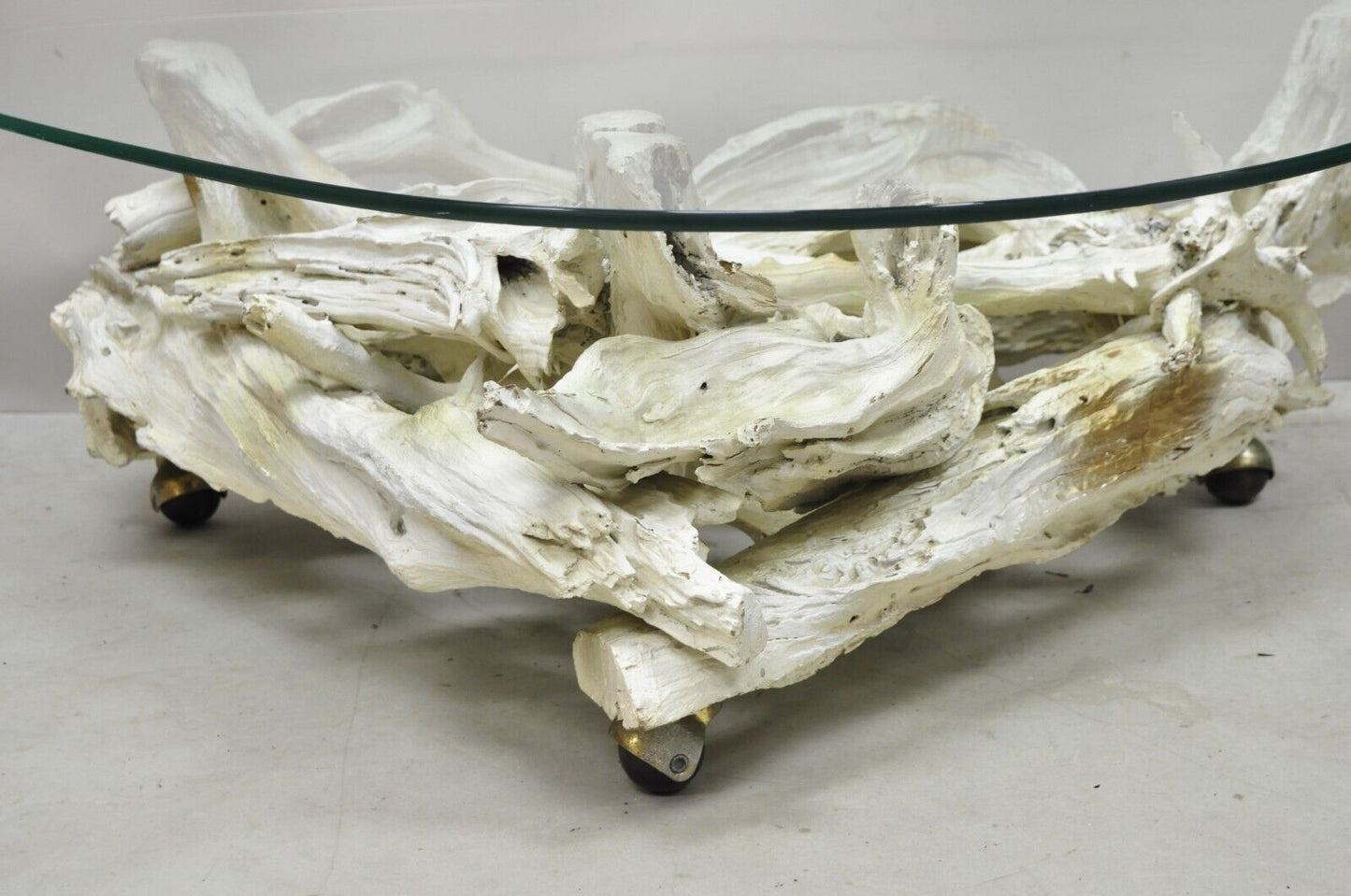 Vintage Mid Century Modern White Driftwood Base Glass Top Coffee Table