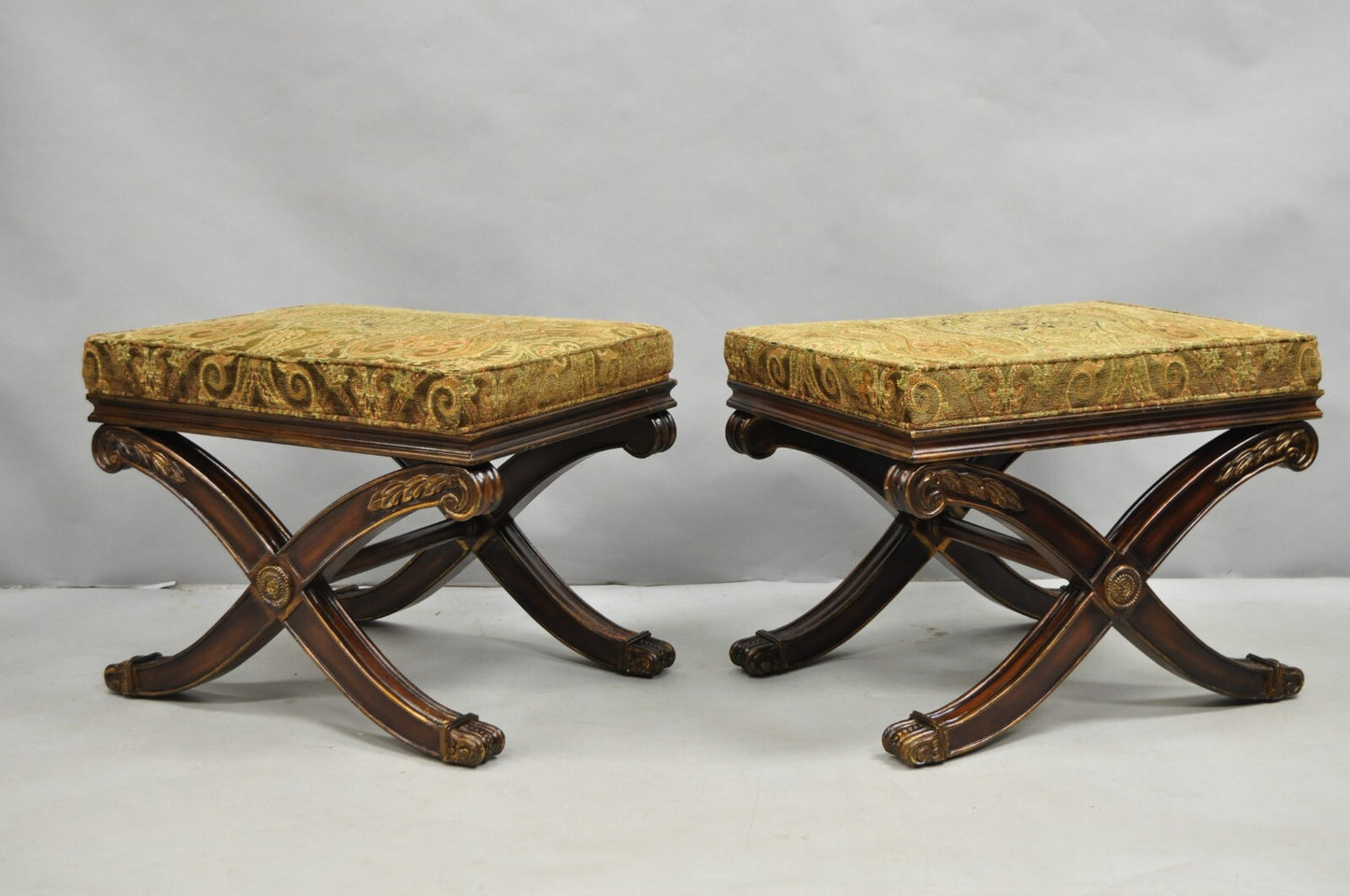 Ethan Allen Alexis X-Frame Regency Style Curule Footstool Stool Ottoman - a Pair