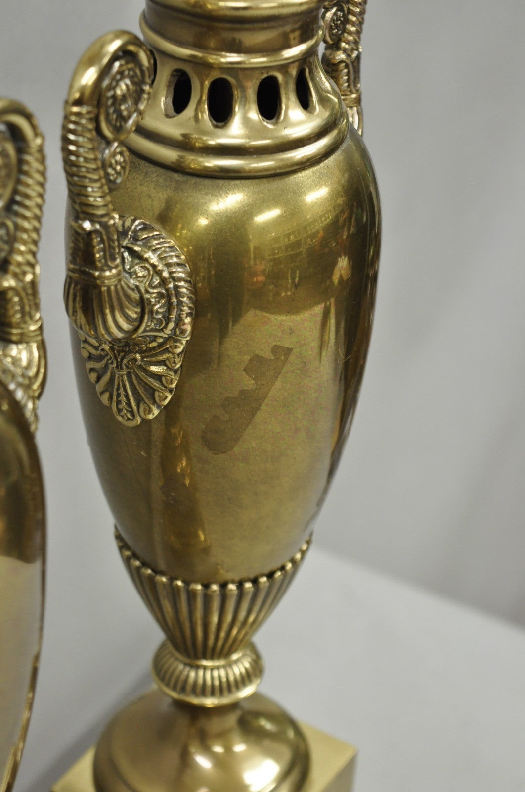 Vintage French Empire Neoclassical Brass Urn Form Table Lamps by Tyndale - Pair