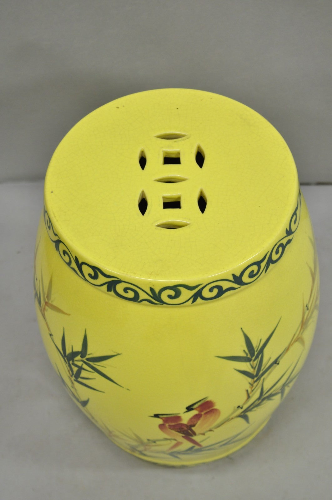 Vintage Chinese Chinoiserie Yellow Porcelain Ceramic Garden Seat w Painted Birds