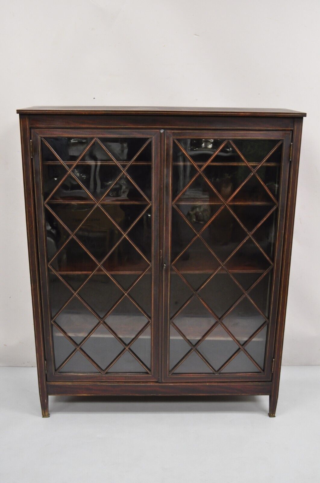Antique Edwardian Mahogany Lattice Inlaid 2 Door 52" Closed Bookcase