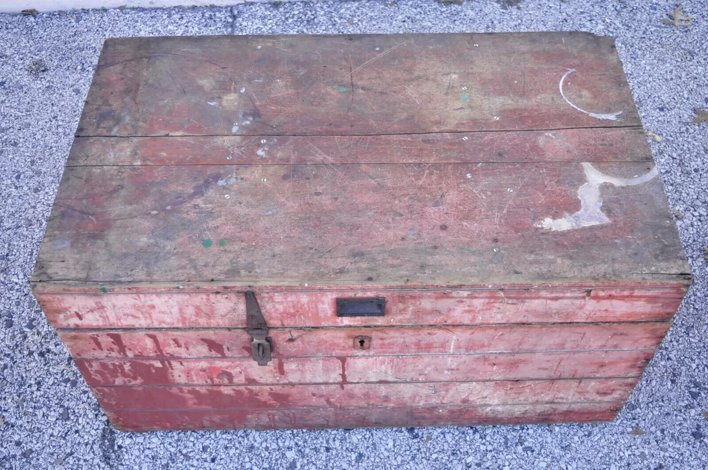 Antique Primitive Country Red Distress Painted Wood Treasure Blanket Chest Trunk