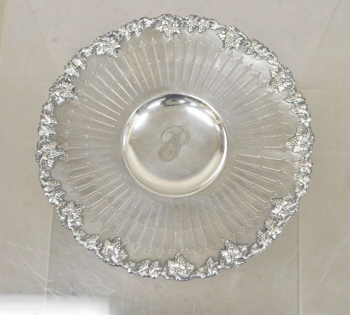 English Edwardian Grapevine Repousse Silver Plated "P" Round Serving Platter