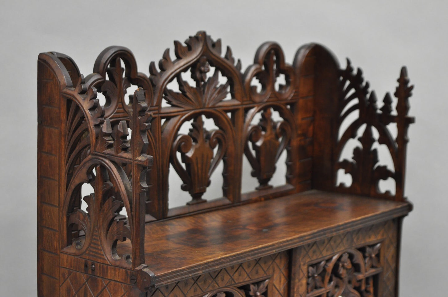 Antique Gothic Arts & Crafts Black Forest Walnut Carved Small Wall Curio Cabinet