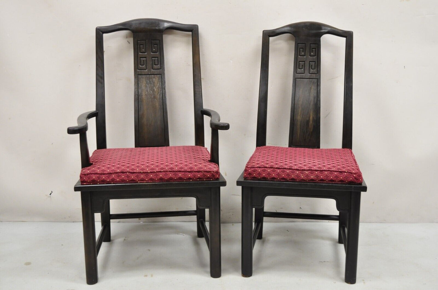 Vintage Chinoiserie Asian Ming Style Solid Wood Carved Dining Chairs - Set of 6