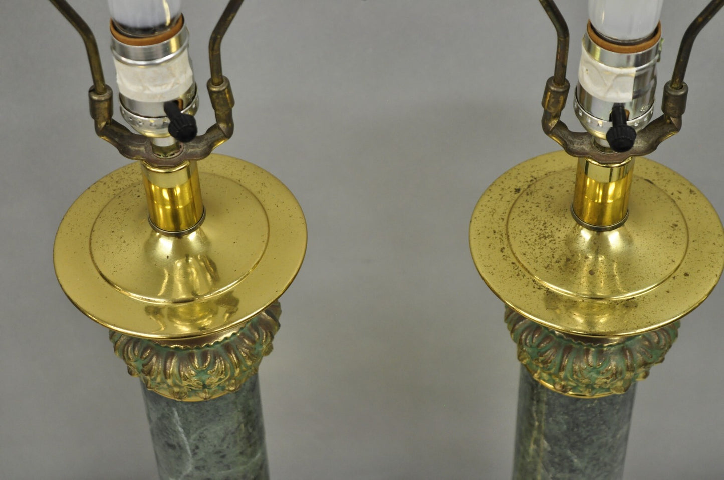 Vintage Hollywood Regency Brass Empire Green Column Gold Table Lamps - a Pair