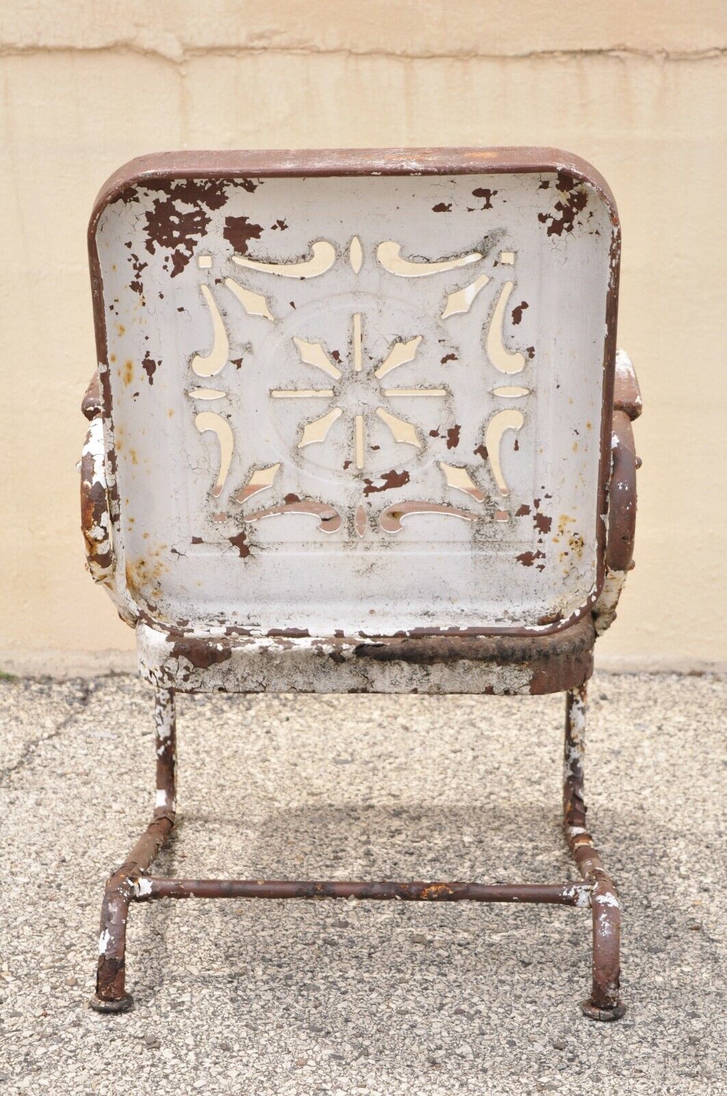 Antique Art Deco Basketweave Brown Distress Paint Bouncer Garden Lounge Chair