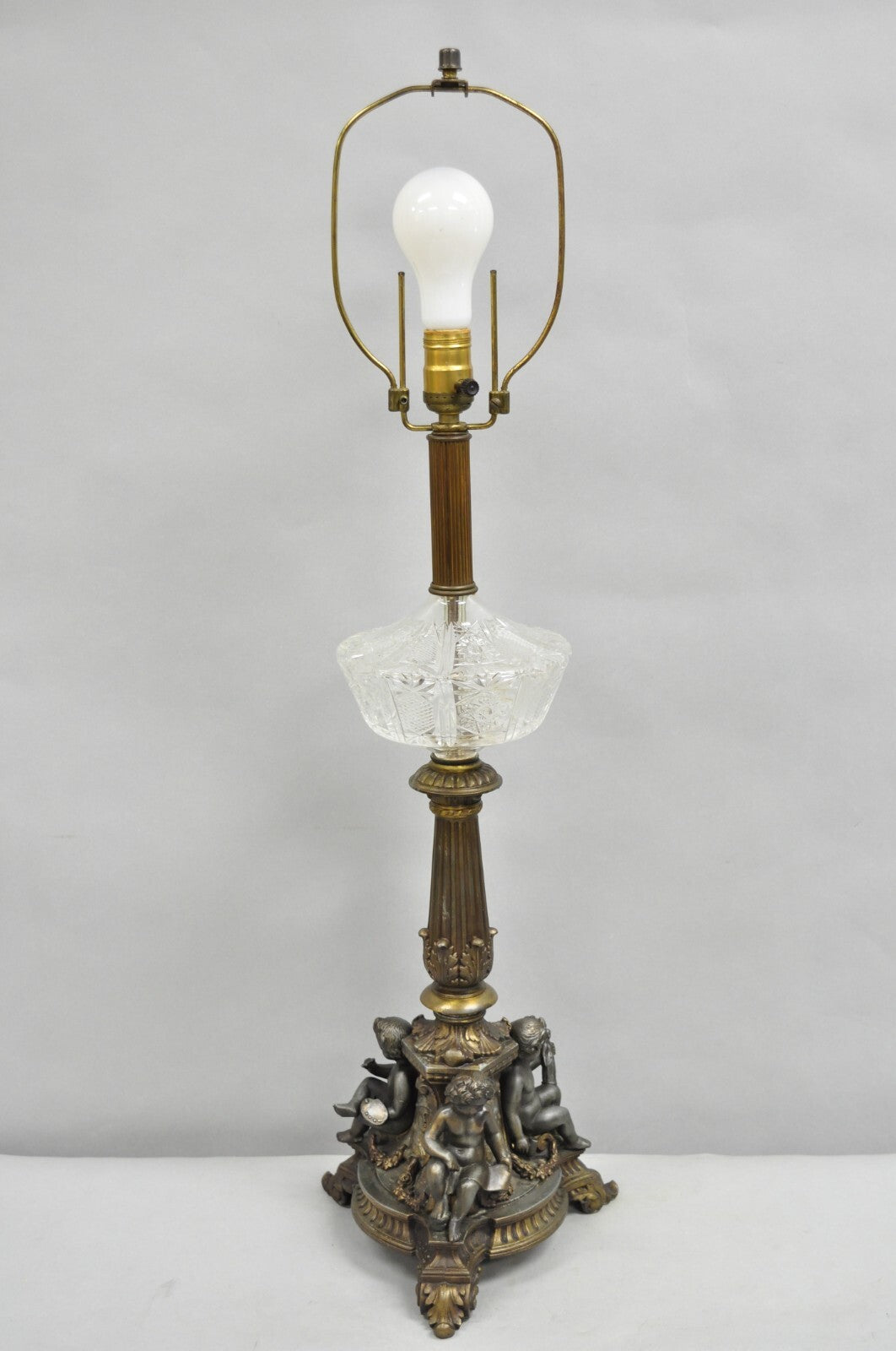 Antique French Empire Renaissance Gilt Metal & Glass Cherub Table Lamps a Pair