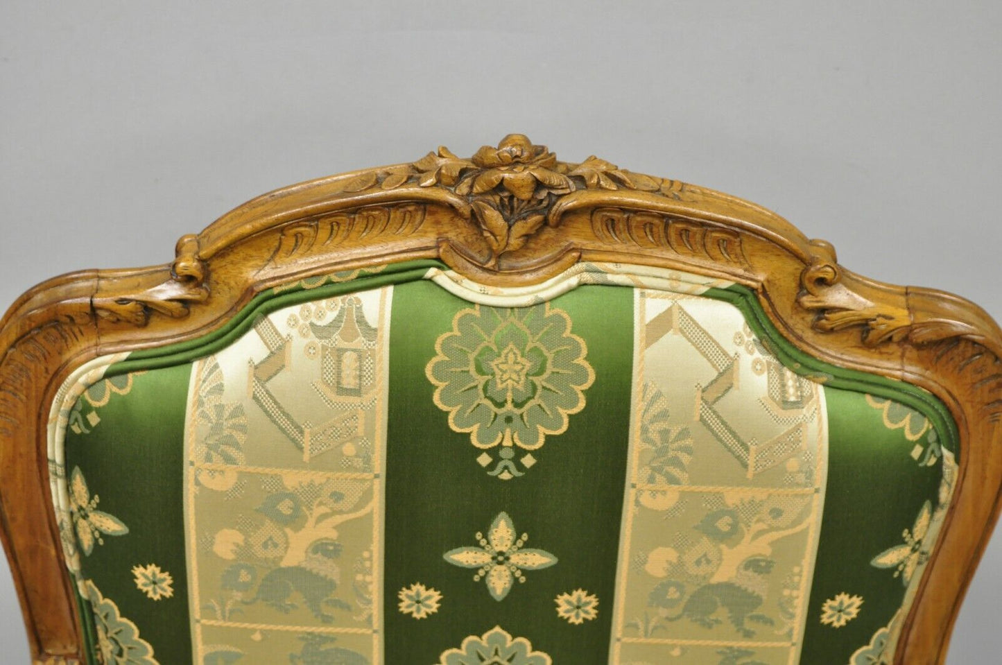 Antique French Louis XV Style Green & Gold Walnut Fauteuil Arm Chairs - a Pair