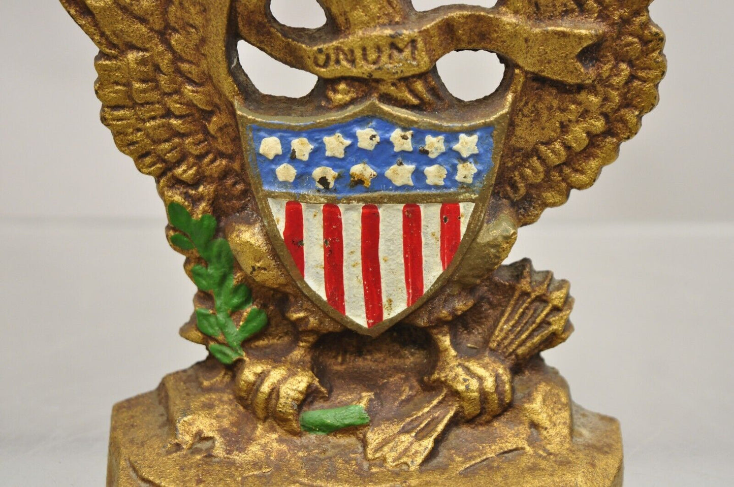 Antique Patriotic Cast Iron Figural Gold American Flag & Eagle Painted Door Stop