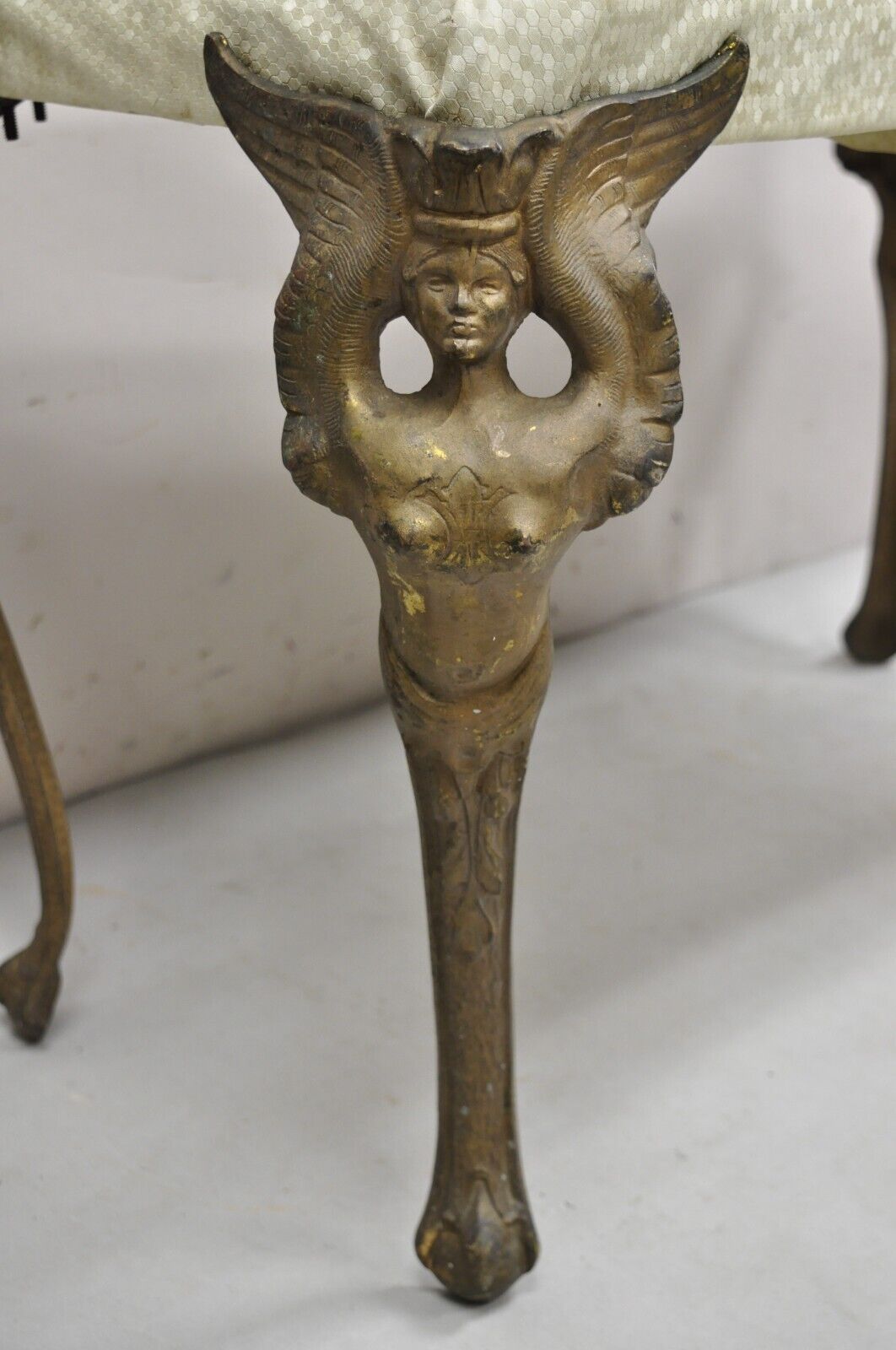 Antique French Art Deco Figural Bench With Cast Iron Winged Women Legs