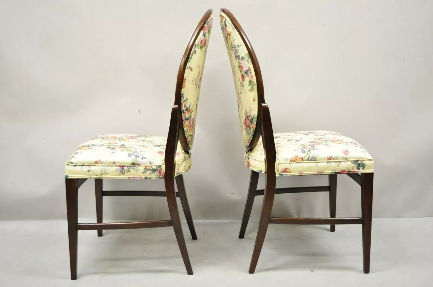 French Art Deco Oval Upholstered Back Mahogany Wood Frame Dining Chairs - a Pair