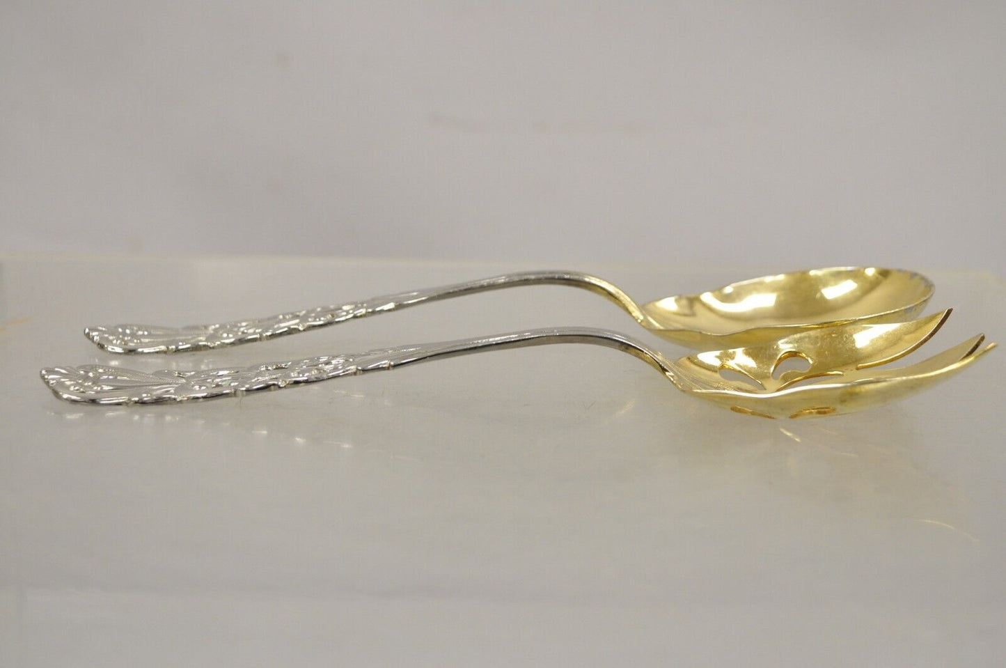 Vtg Italian Baroque Style EPNS Silver & Gold Plated Serving Spoon and Fork Set