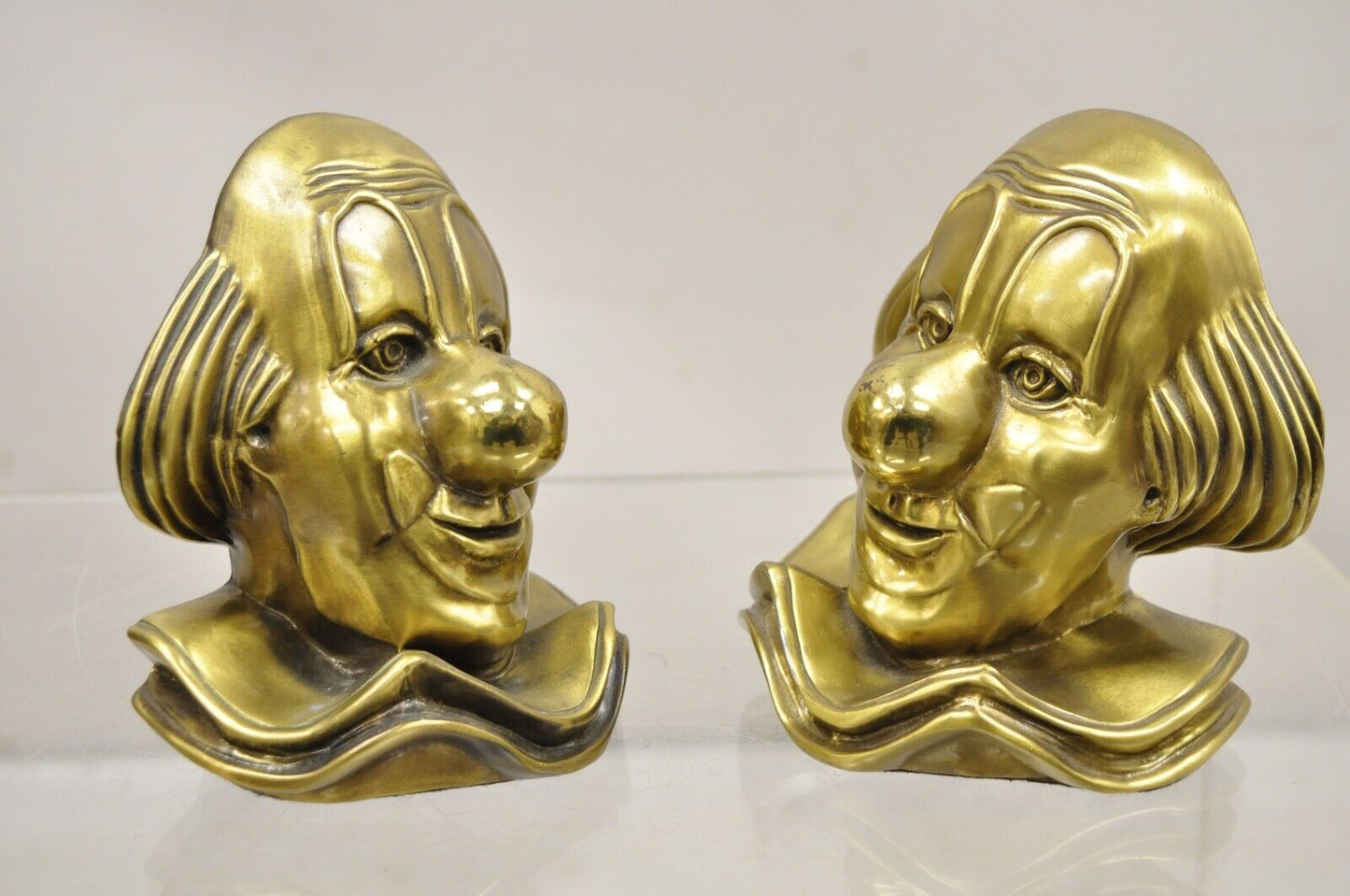 Vintage PM Craftsman Brass Figural Clown Bookends - A Pair