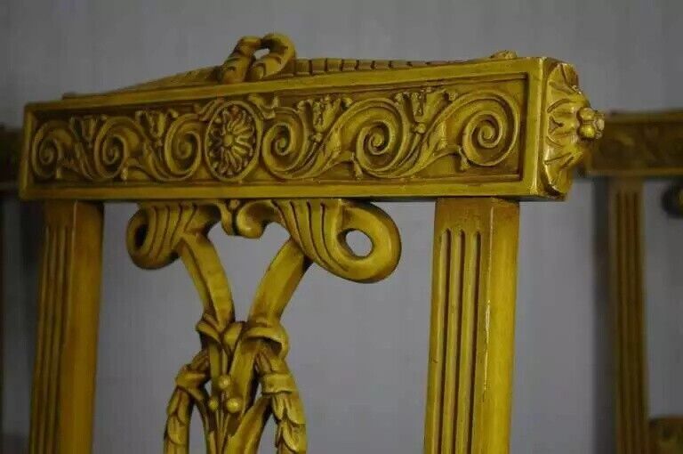 Vintage French Regency Louis XVI Yellow Carved Wood Dining Chairs - Set of 6